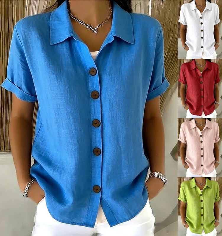 Women's Solid Color Linen Blend Button Front Short Sleeve Rolled Cuff Shirt