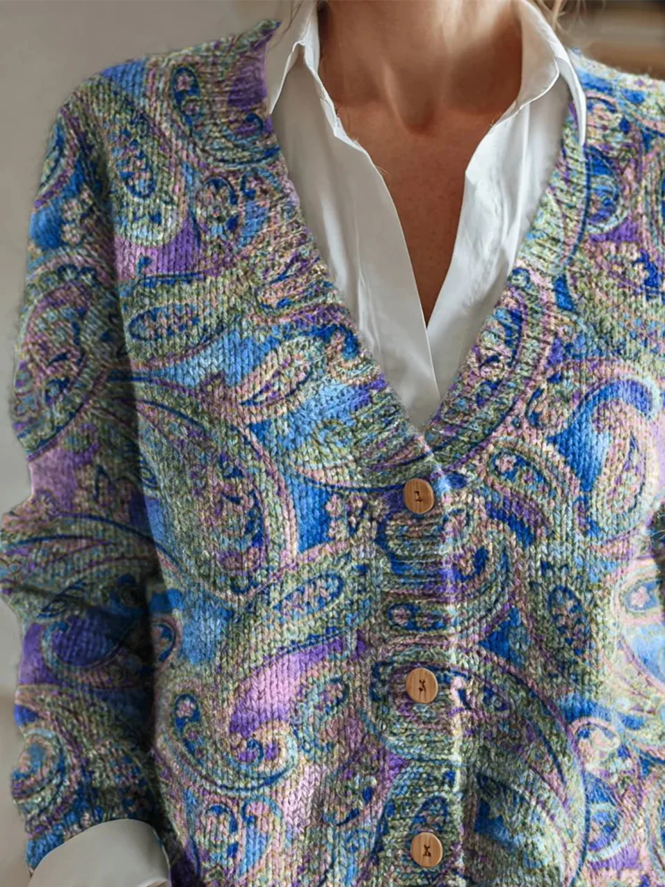 Women's Paisley Pattern V-Neck Cardigan Casual Comfort Regular Sweatshirt Jacket
