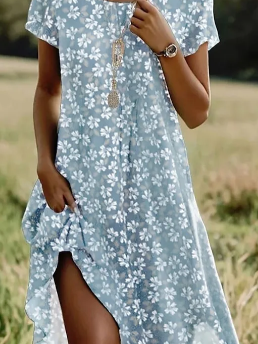 Short-Sleeve Crew-Neck Printed Dress
