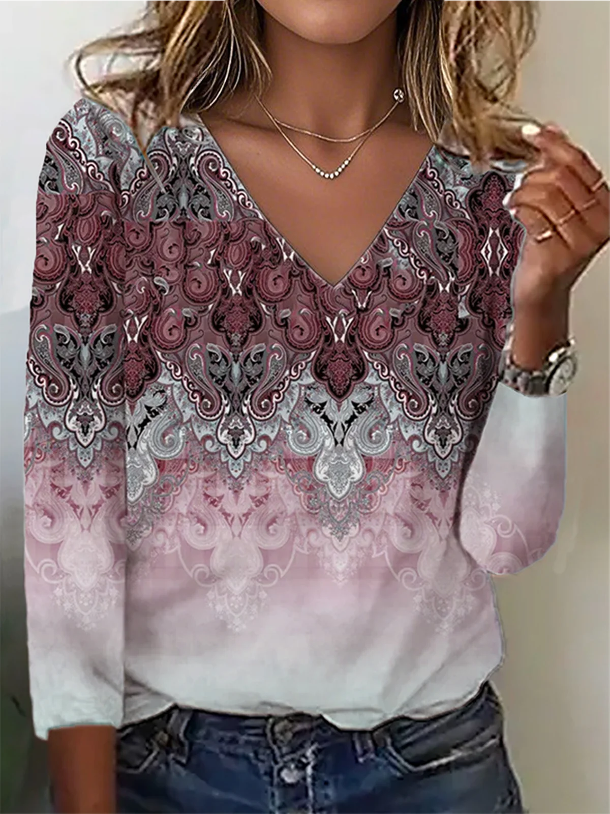 Print Casual V Neck Long Sleeve T-Shirt