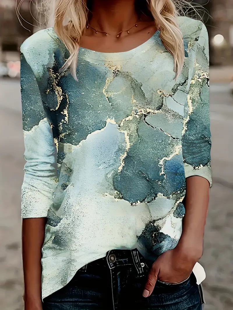 Women's Long Sleeve T-shirt Spring/Fall Green Abstract Printing Jersey Crew Neck Daily Going Out Casual Top