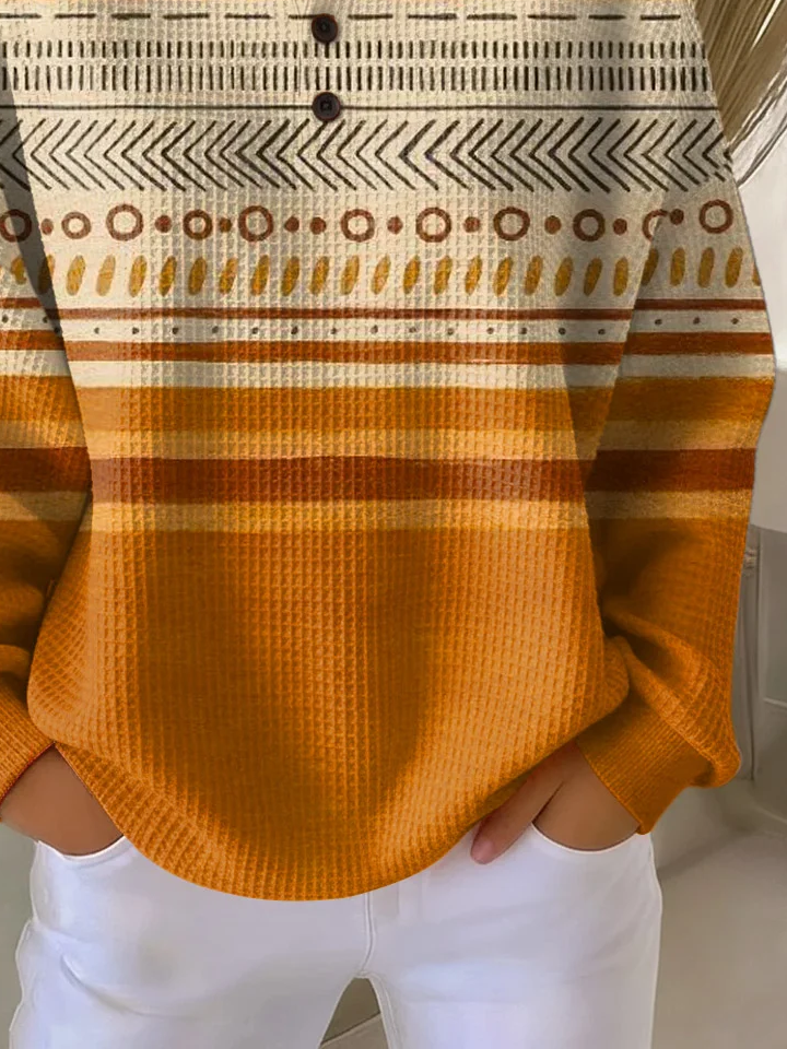 Women's Abstract Print Button-Up Casual Waffle Knit Sweatshirt