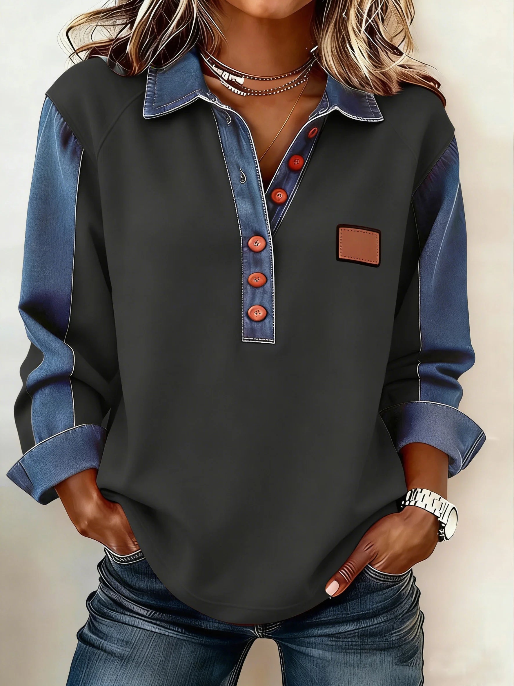 Denim Color Block Polo Shirt Long Sleeve Plain Casual Blouse