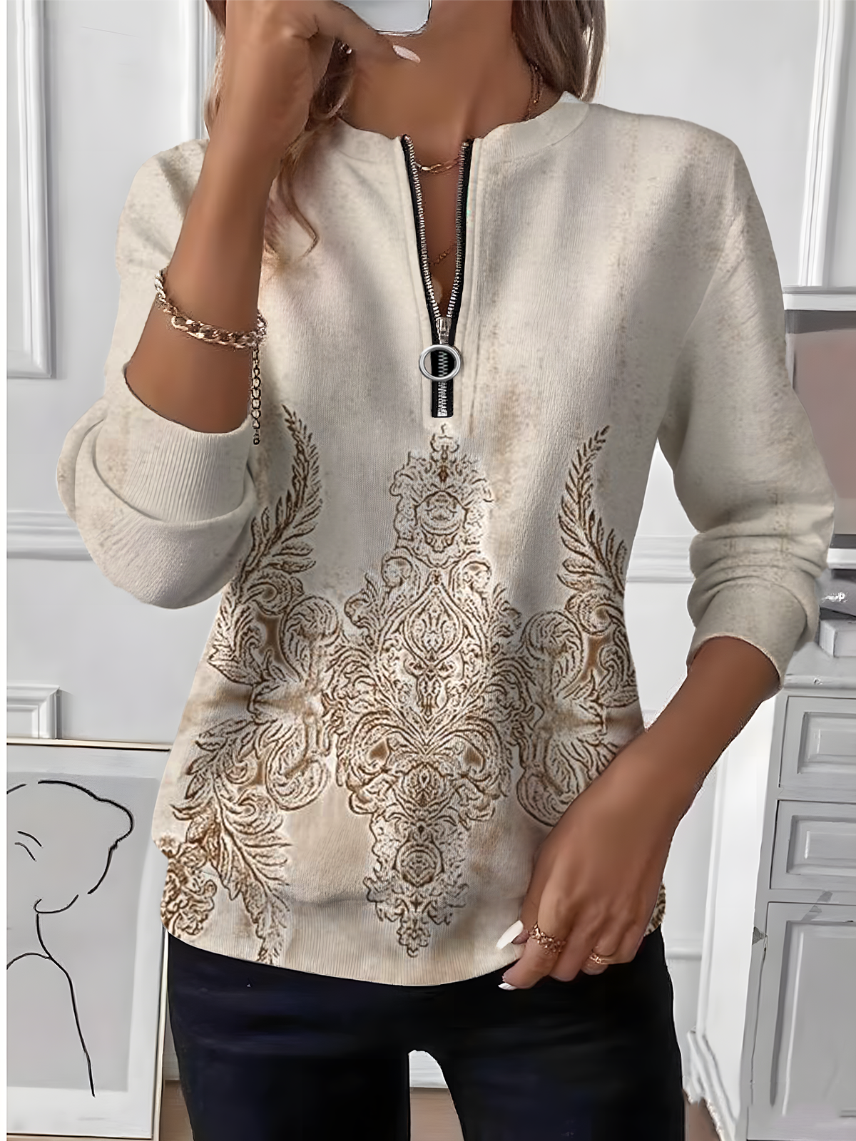 Women's Retro Art Print Long Sleeve Center Front Zip Sweatshirt