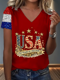 Women's Short Sleeve T-shirt Summer Red America Flag Jersey V Neck Holiday Going Out Casual Top