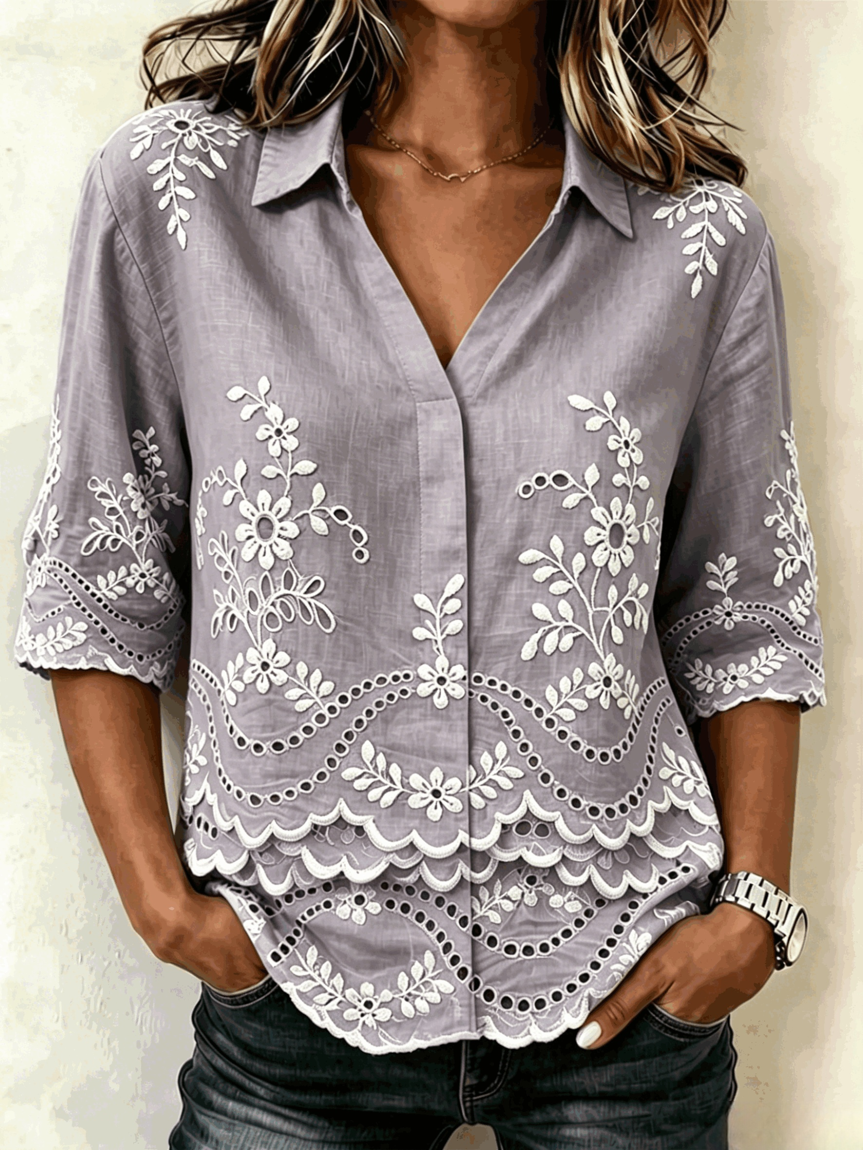 Women's Light Blue Floral Print Blouse Collared Short Sleeve Casual Loose Top