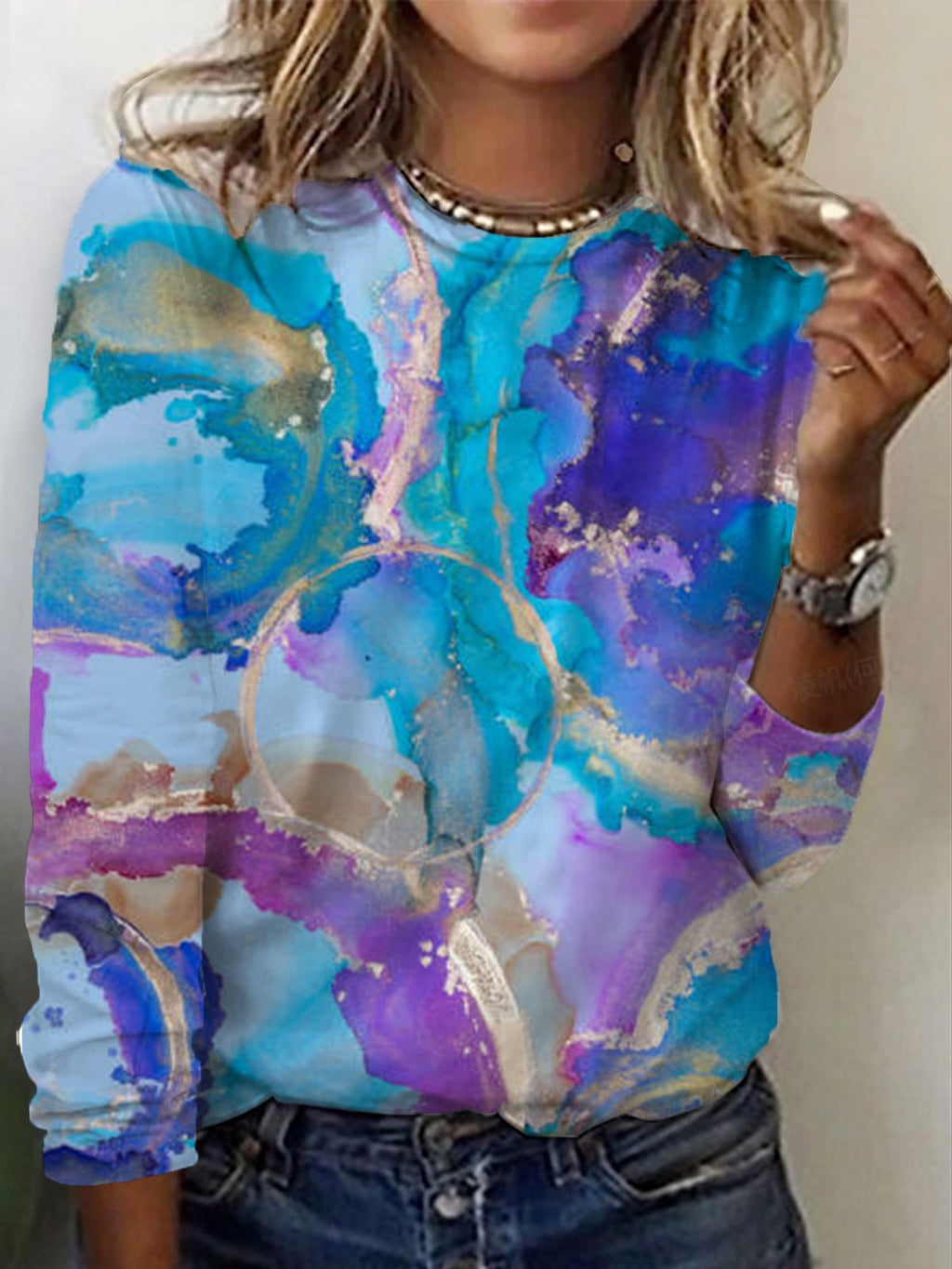 Women's Long Sleeve T-shirt Spring/Fall Blue Abstract Cotton Crew Neck Daily Going Out Casual Top