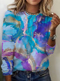 Women's Long Sleeve T-shirt Spring/Fall Blue Abstract Cotton Crew Neck Daily Going Out Casual Top