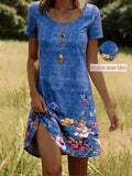 Faux Denim Print Graphic Jersey Casual Crew Neck Dress With No