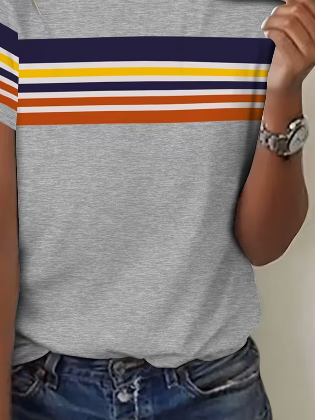 Women's Short Sleeve T-shirt Summer Gray Striped Printing Jersey Crew Neck Daily Going Out Casual Top