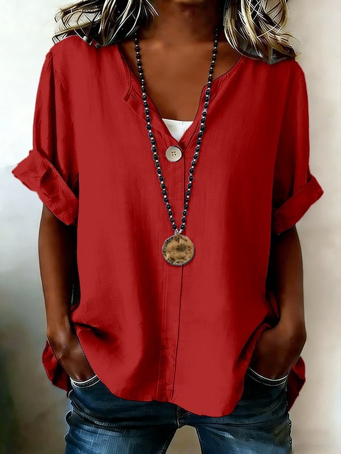 Casual V Neck Plain Loose Blouse