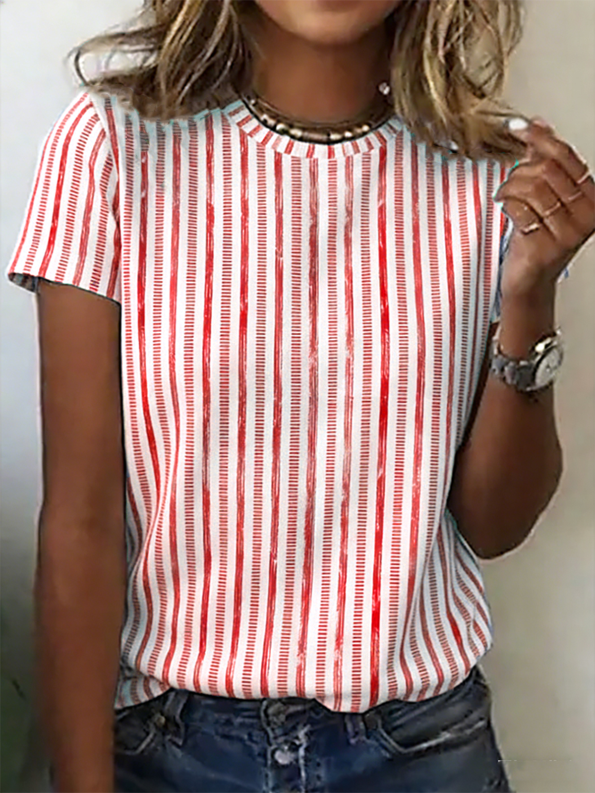Brushstroke Stripe Print Crew Neck Short Sleeve Casual T-Shirt
