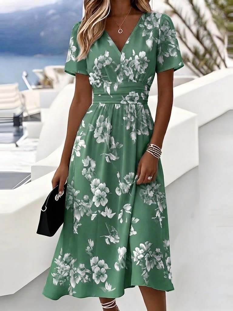 Women’s Light Blue Floral Print Wrap V Neck Midi Dress Boho Summer Dress