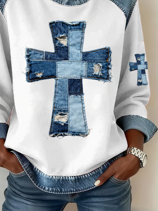 Women's Belief Print Patchwork Denim Crewneck Long-Sleeved Sweatshirt