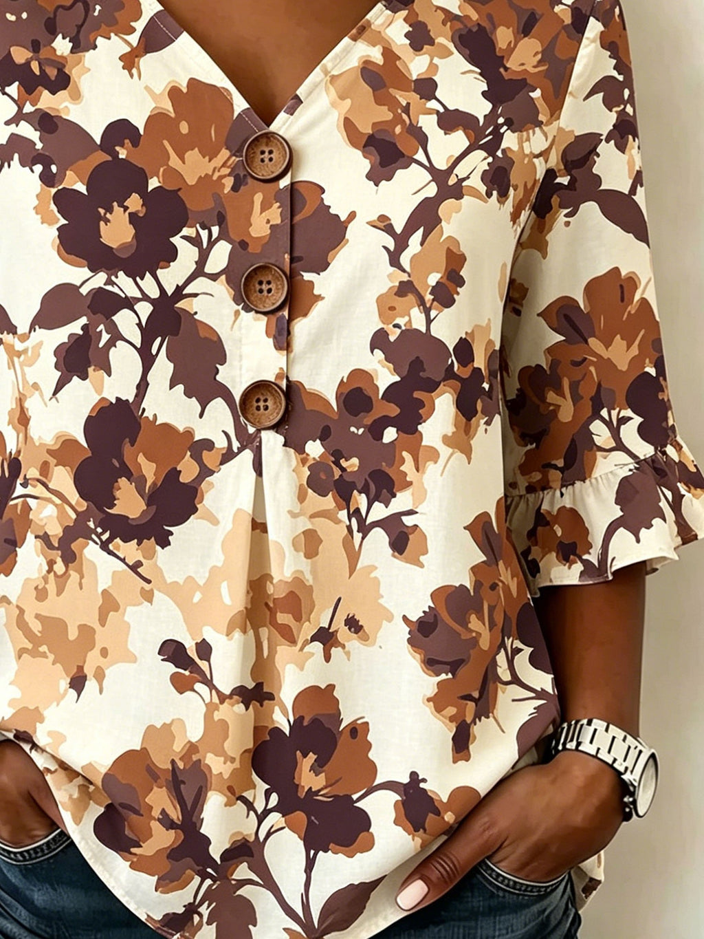Women's Floral Half Ruffle Sleeve Blouse Summer V Neck Button Daily Going Out Vintage Top