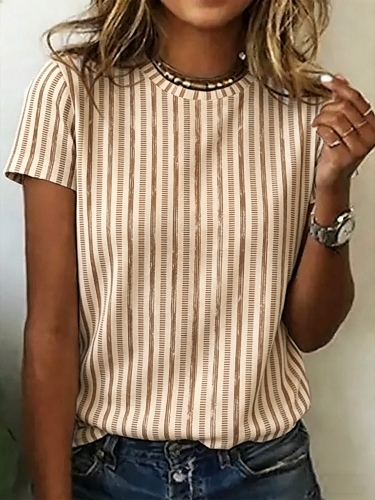 Brushstroke Stripe Print Crew Neck Short Sleeve Casual T-Shirt