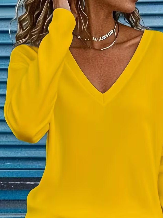 Women's Long Sleeve T-shirt Spring/Fall Yellow Plain Printing Jersey V Neck Daily Going Out Casual Top