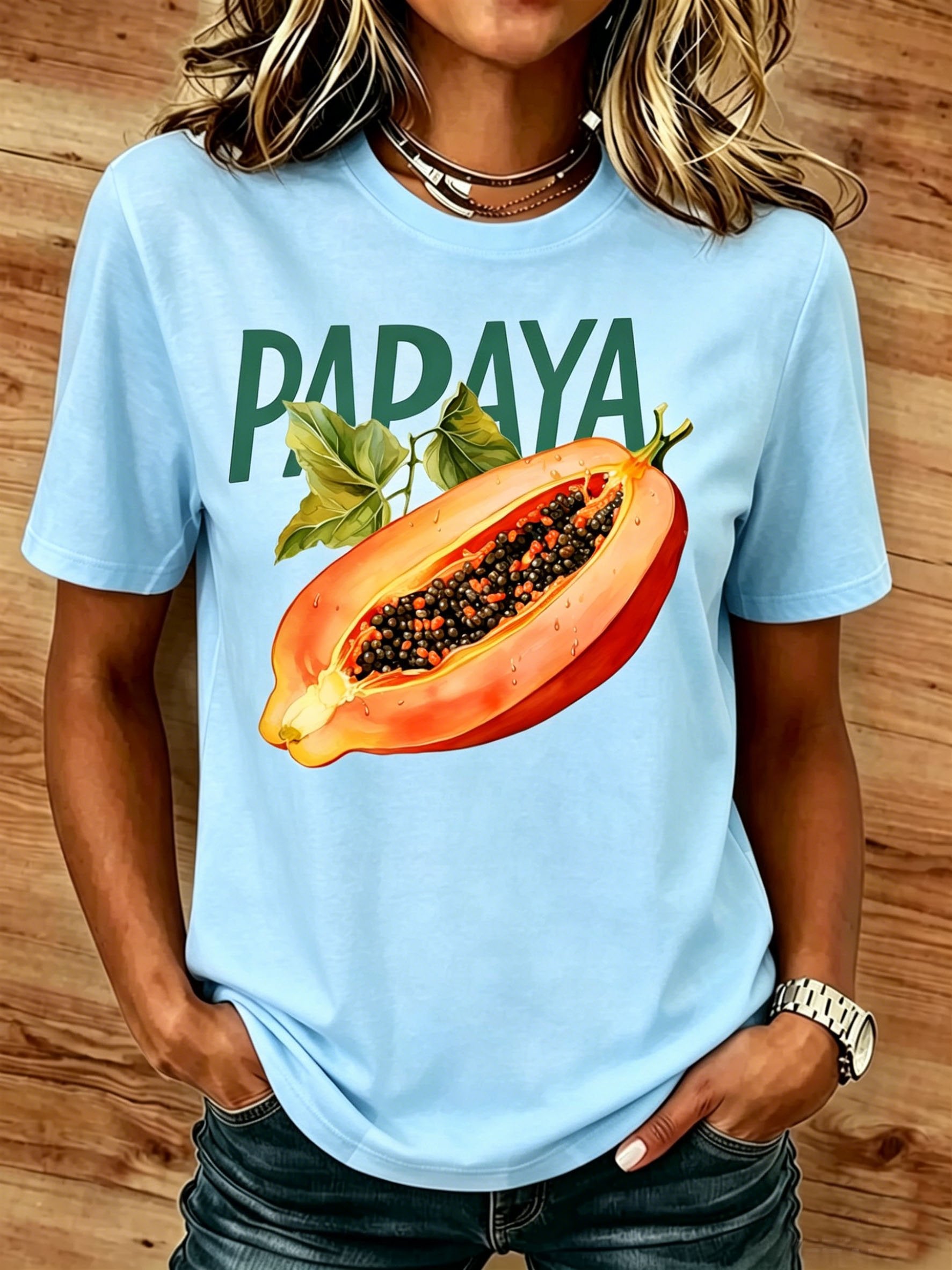 Papaya Fruit Cotton Round Neck Short Sleeve Casual T-Shirt