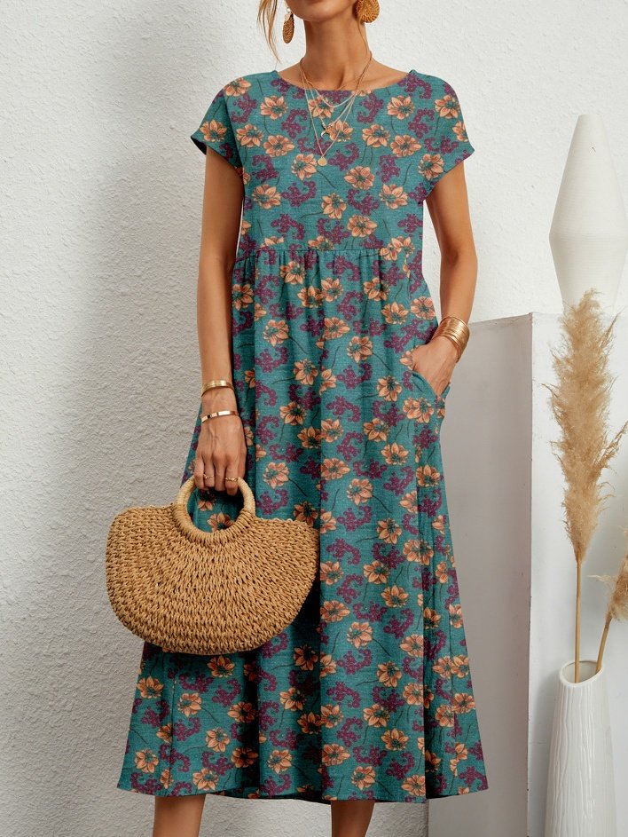 Women's Short Sleeve Summer Yellow Floral Split Joint Crew Neck Daily Going Out Vintage Maxi A-Line Tank Dress