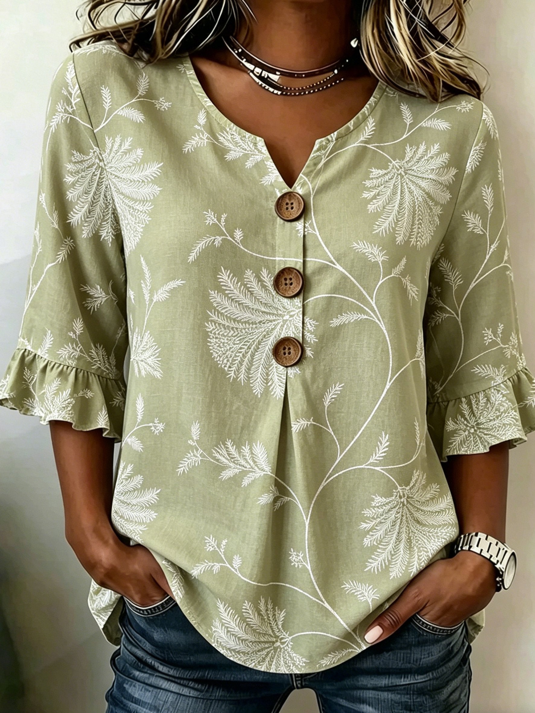 Women's Floral Printed Half Ruffle Sleeve Blouse Summer V Neck Button Daily Going Out Vintage Top