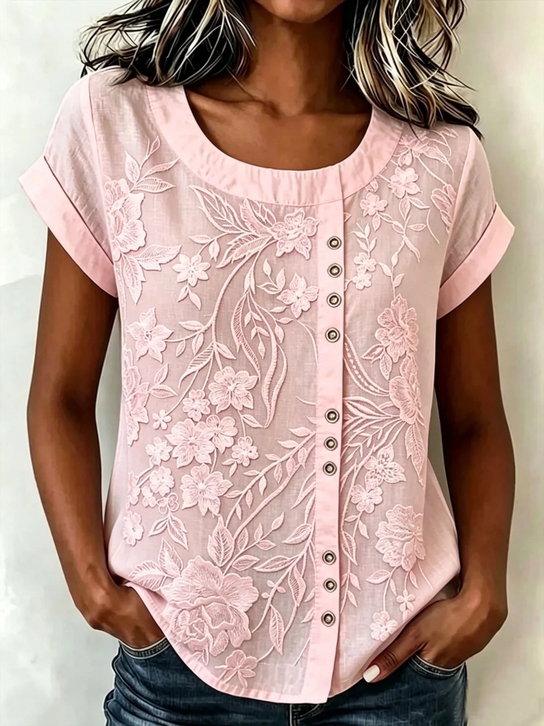 3D Printing Casual Linen Blend Crew Neck Loose Casual Top