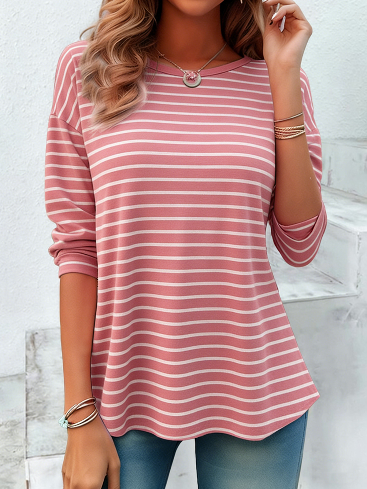 Loose Striped Elegant Crew Neck T-Shirt