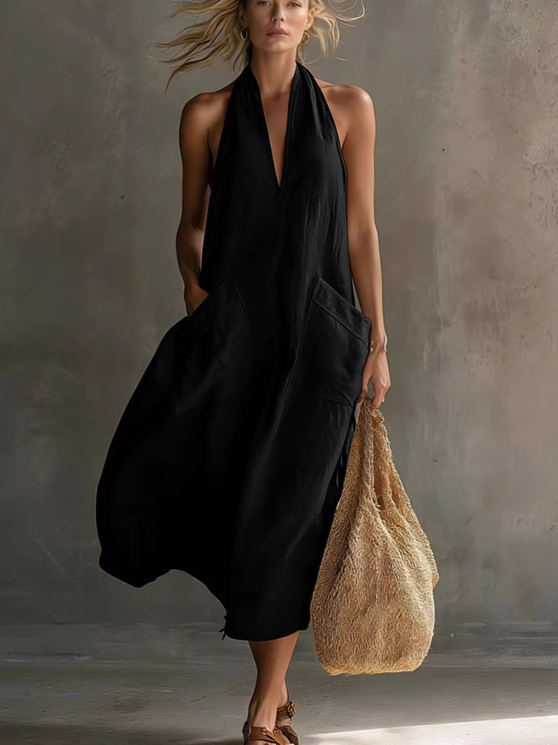 Casual Plain V Neck Midi Dress