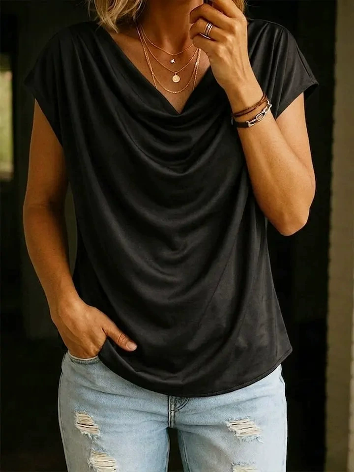 Jersey Casual Plain V Neck Sleeveless Summer Elegant Cowl Neck Top