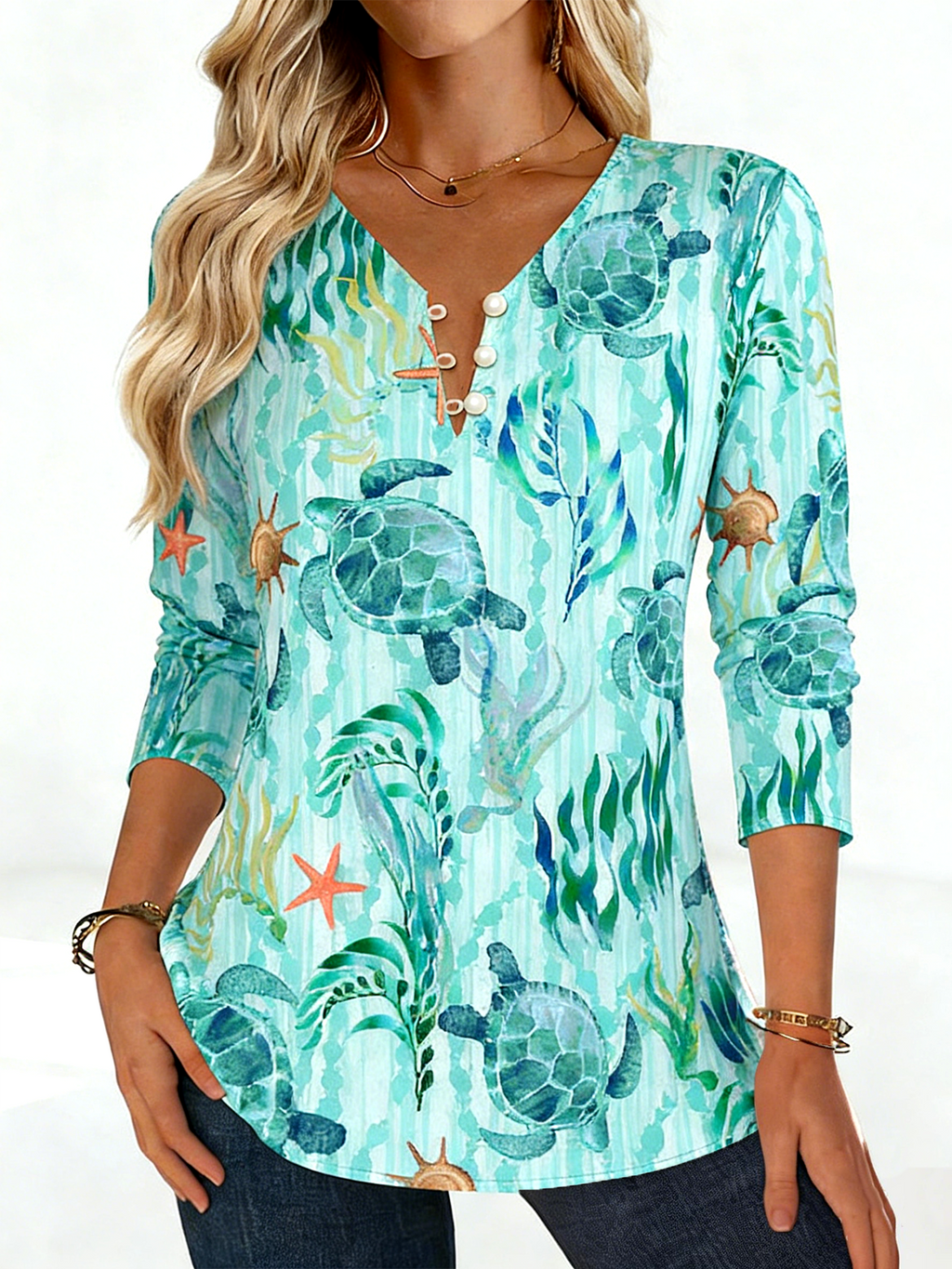 Elegant Marine Life Cotton V Neck T-Shirt