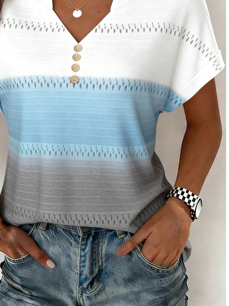 Elegant V Neck Gradient Pattern Linen Blend T-Shirt