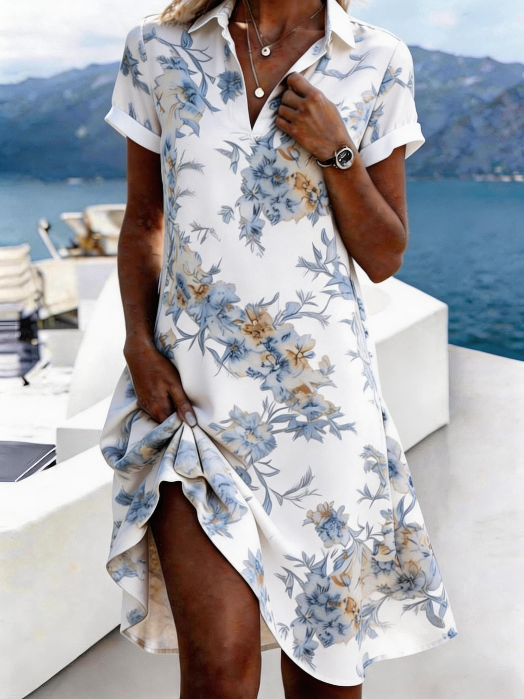 Floral Casual Loose Shirt Collar Shirt Dress With No