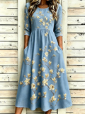 Women's Light Blue Floral Print Maxi Dress Round Neck 3/4 Sleeve Casual A-Line Dress with Pockets