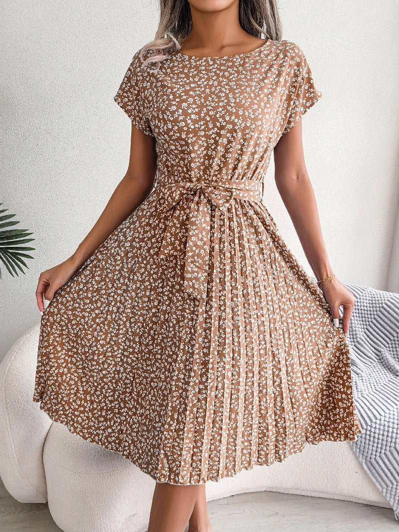 Women's Short Sleeve Summer Light Blue Floral Split Joint Crew Neck Daily Going Out Vintage Midi A-Line Pleated Dress