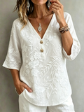 Botanical Pattern Linen Blend Elegant V Neck Blouse