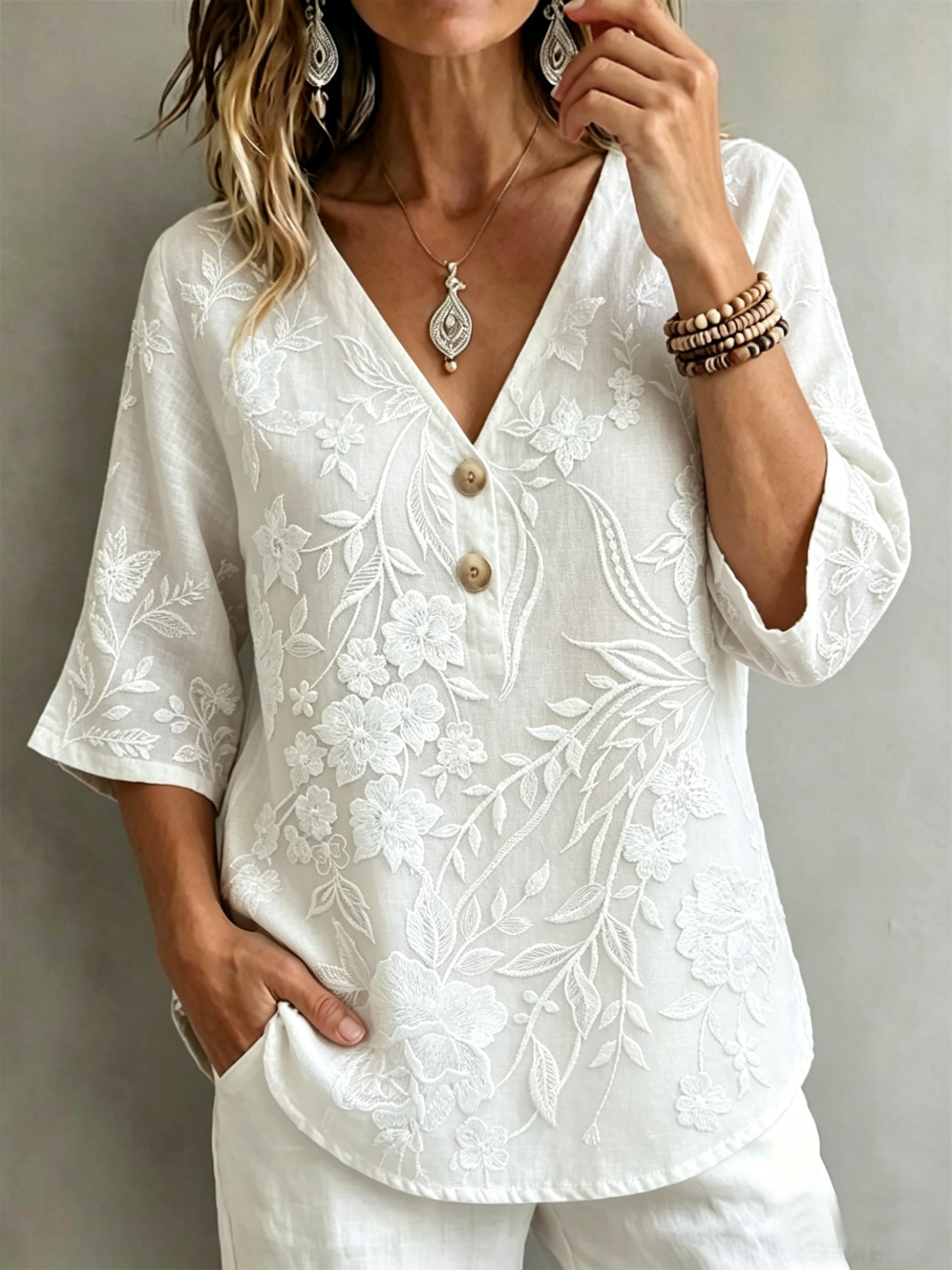Botanical Pattern Linen Blend Elegant V Neck Blouse