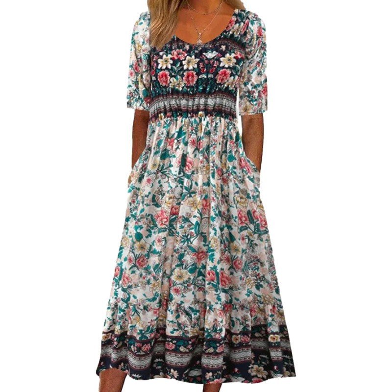 Cotton Floral Boho Crew Neck Dress With No