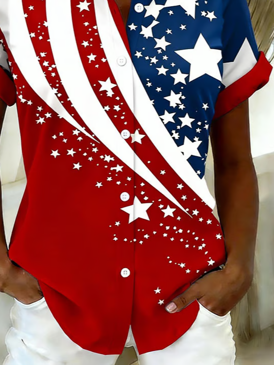Women's Short Sleeve Shirt Summer Red America Flag Printing Shirt Collar Daily Going Out Casual Top
