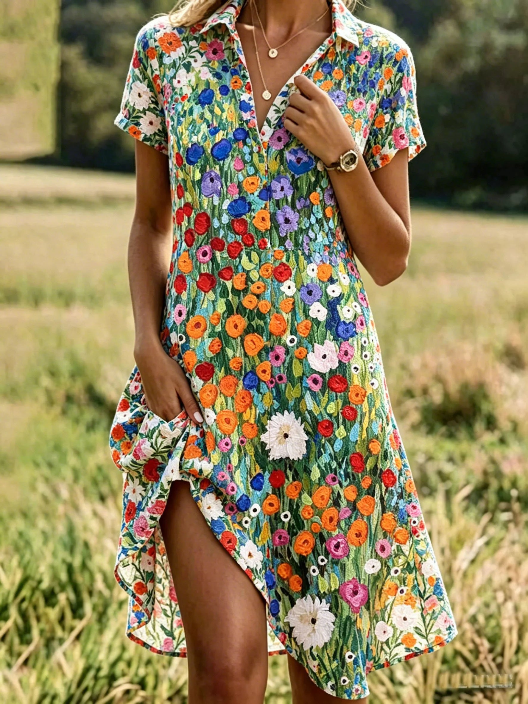 Shirt Collar Colorful Floral Vacation Regular Fit Dress With No