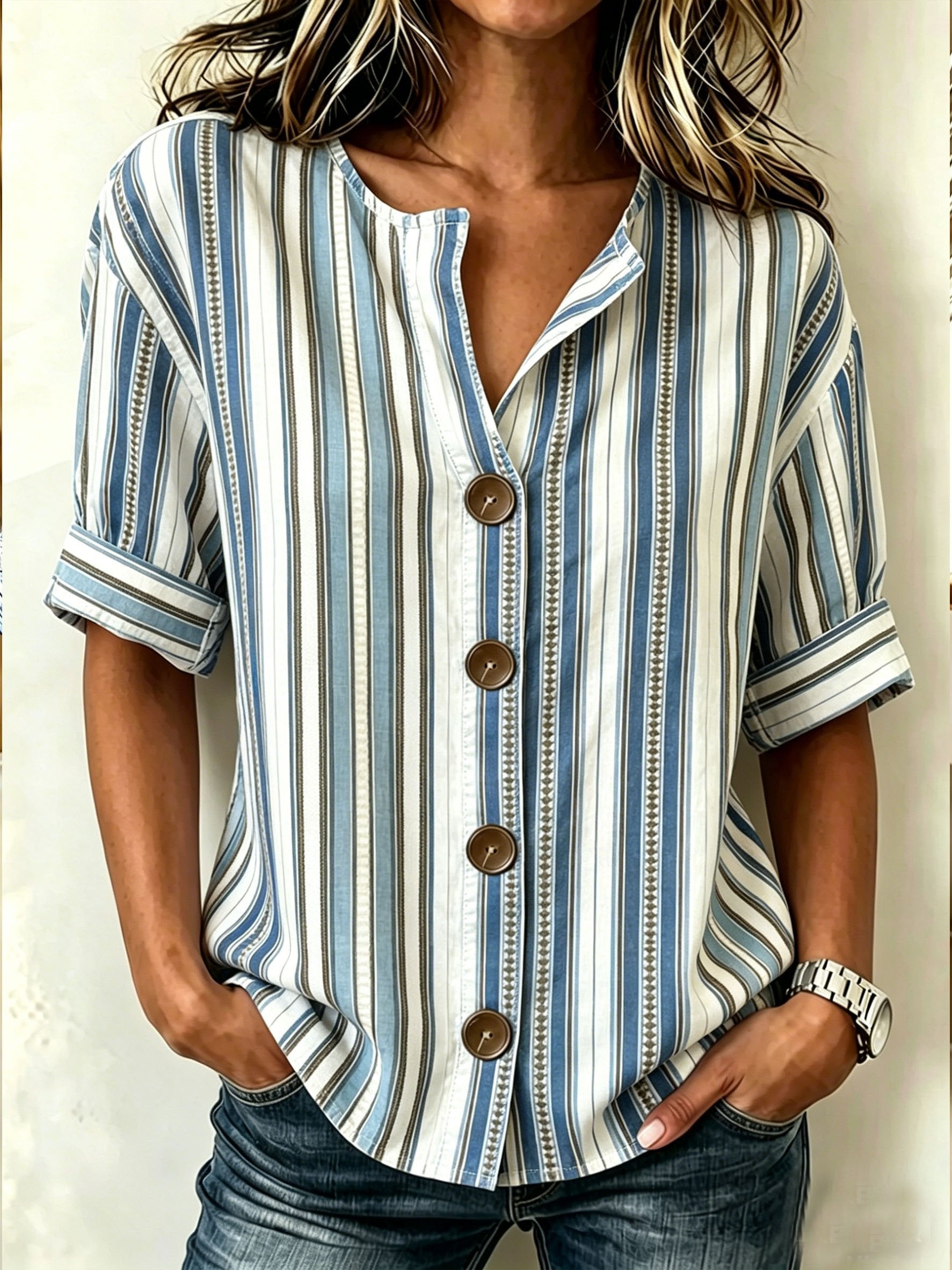 Vintage Striped Stand Collar Botton Spring Summer Linen Blend Casual Shirt