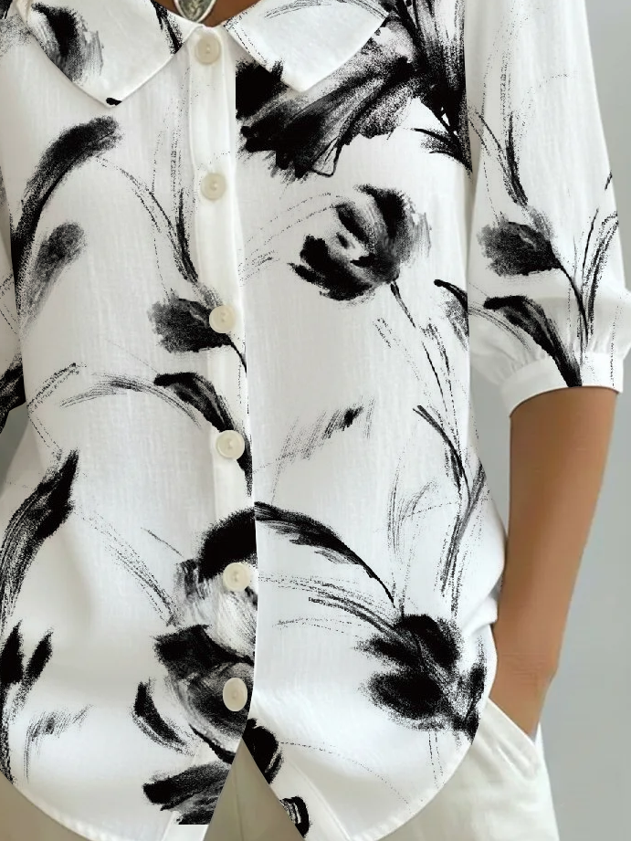 Women's Half Sleeve Shirt Summer White Abstract Printing Shawl Collar Daily Going Out Casual Top