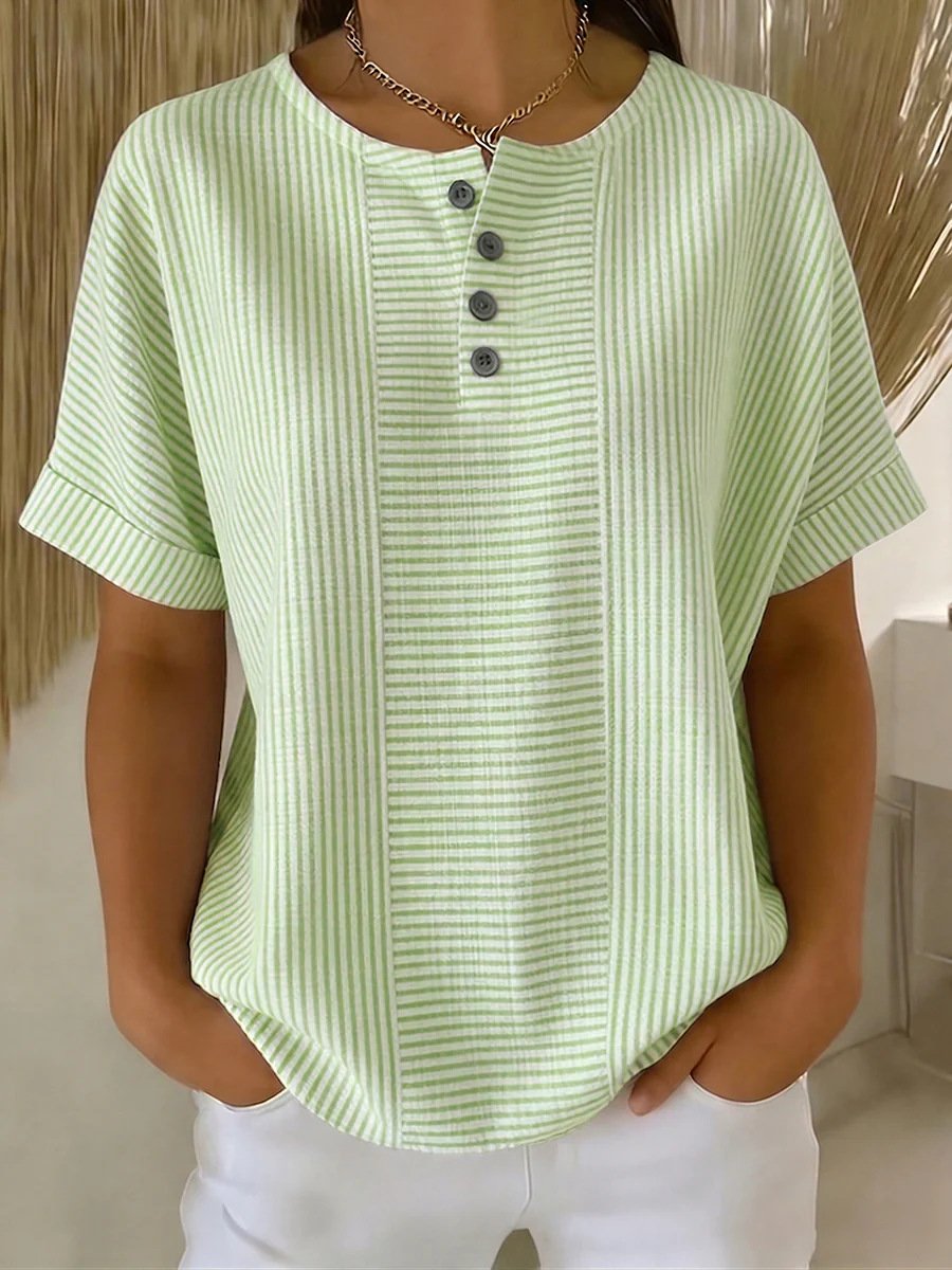 Light Blue Stripe Print Henley Neck Button Down T-Shirt