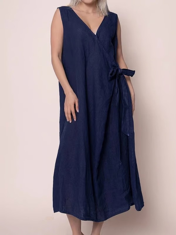 Casual Plain Cross Neck Midi Dress