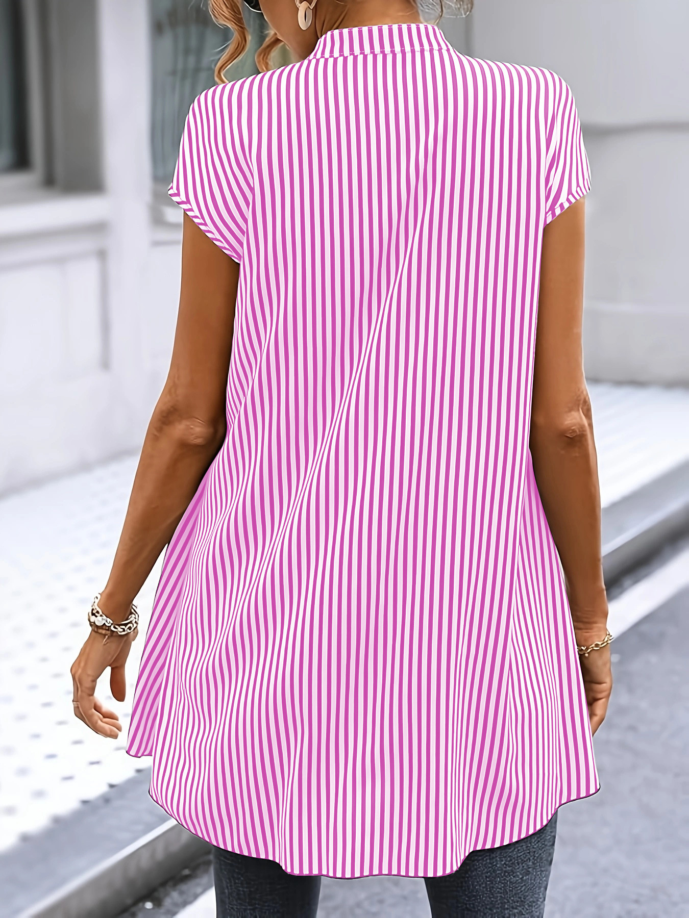 Striped Elegant Fake 2in 1 Stand Collar Short Sleeve Casual Shirt