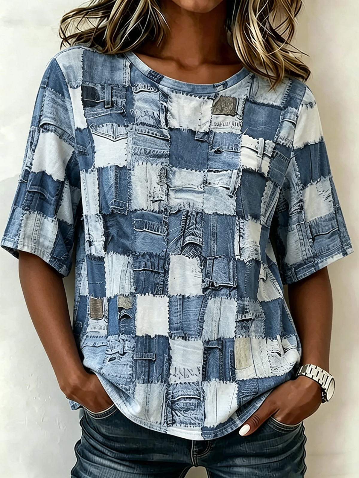 Faux Denim Print Graphic Crew Neck Casual Cotton-Blend T-Shirt