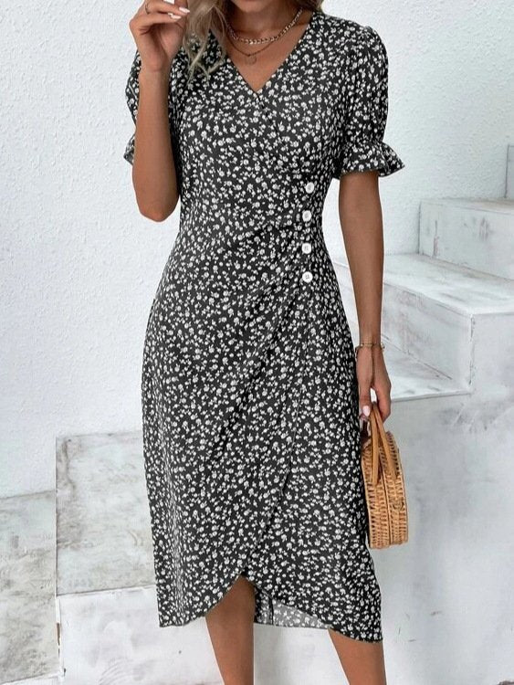 Ditsy Floral Puff Sleeve Wrap Midi Dress Elegant V Neck Summer Dress
