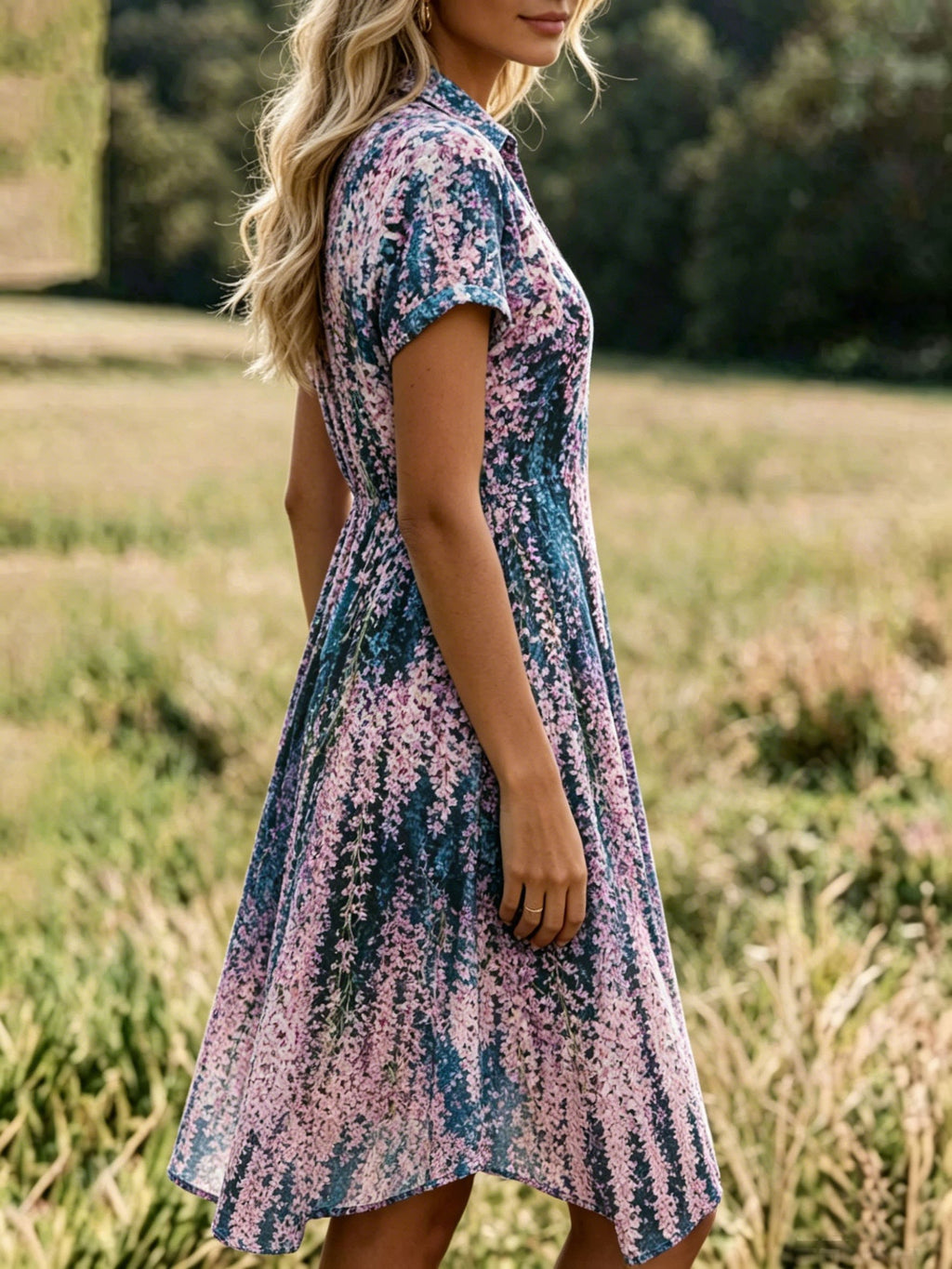 Abstract Floral Print V Neck Short Sleeve Cotton-Blend Casual Midi Dress