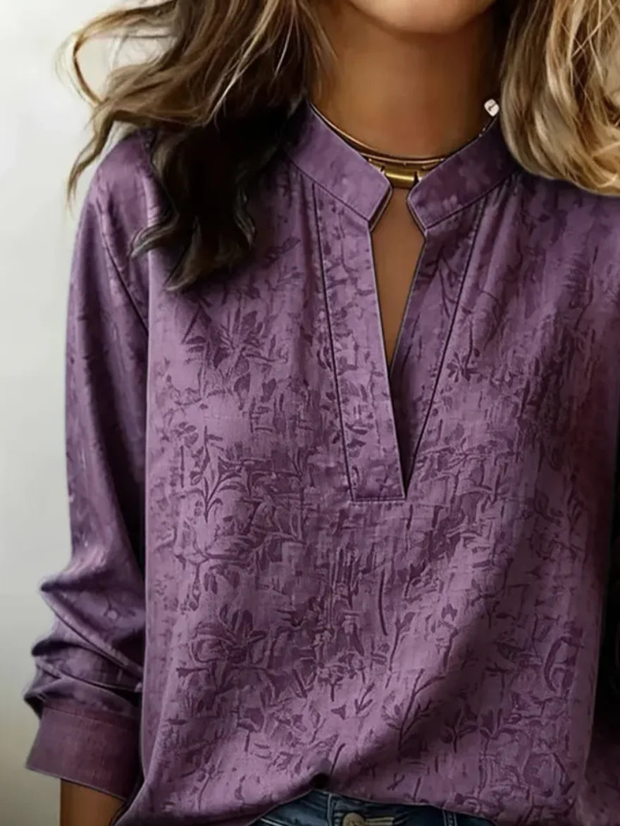 Cotton-Blend Floral Simple V Neck Blouse