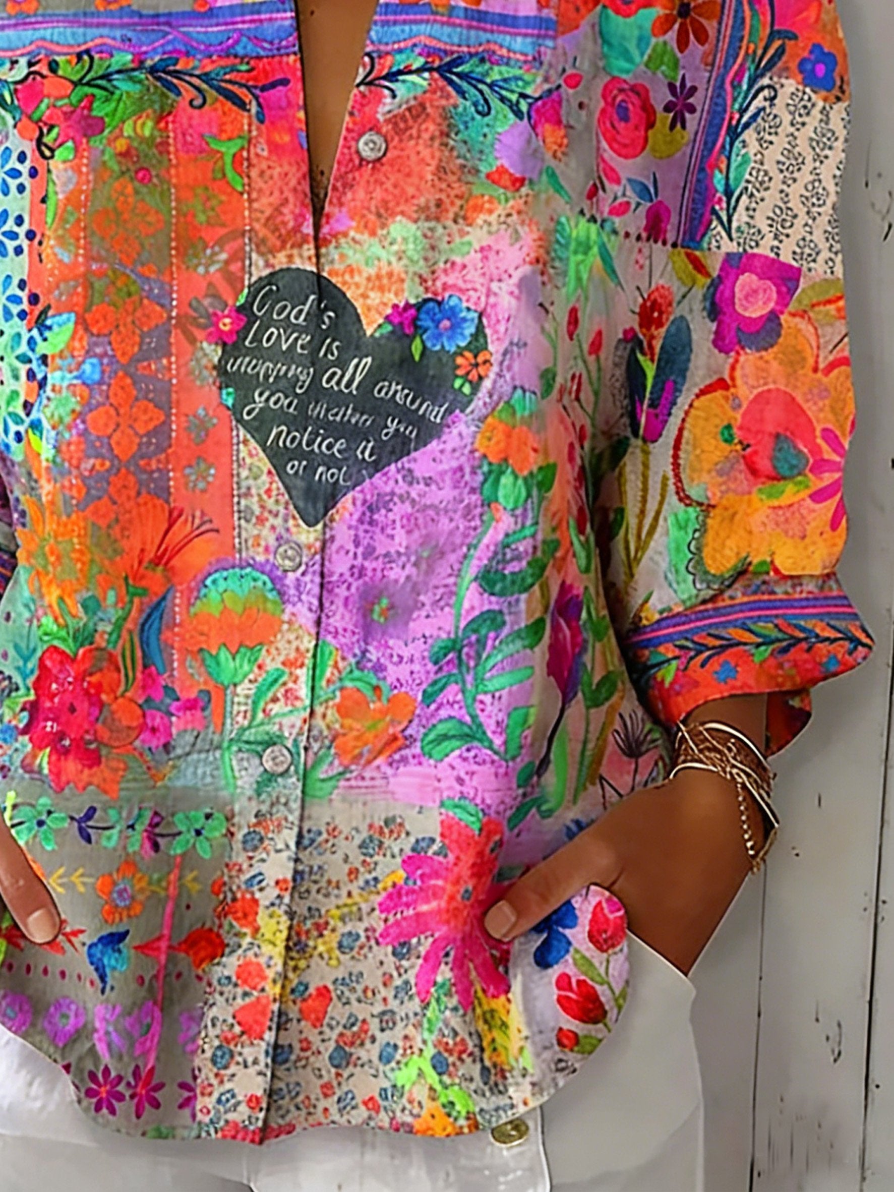 Women's Abstract Floral/Heart Print Casual Shirt