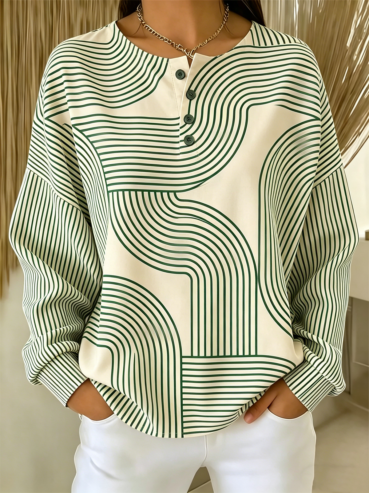 Abstract Geometric Stripe Print Henley Neck Long Sleeve Casual Sweatshirt