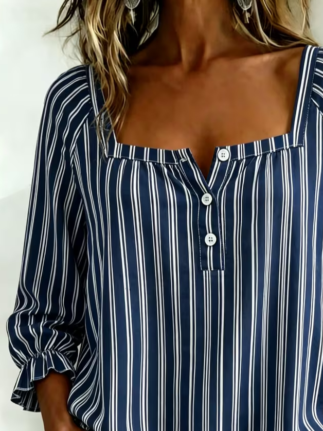 Women's Three Quarter Sleeve Blouse Spring/Fall Navyblue Striped Printing Square Neck Daily Going Out Vintage Top